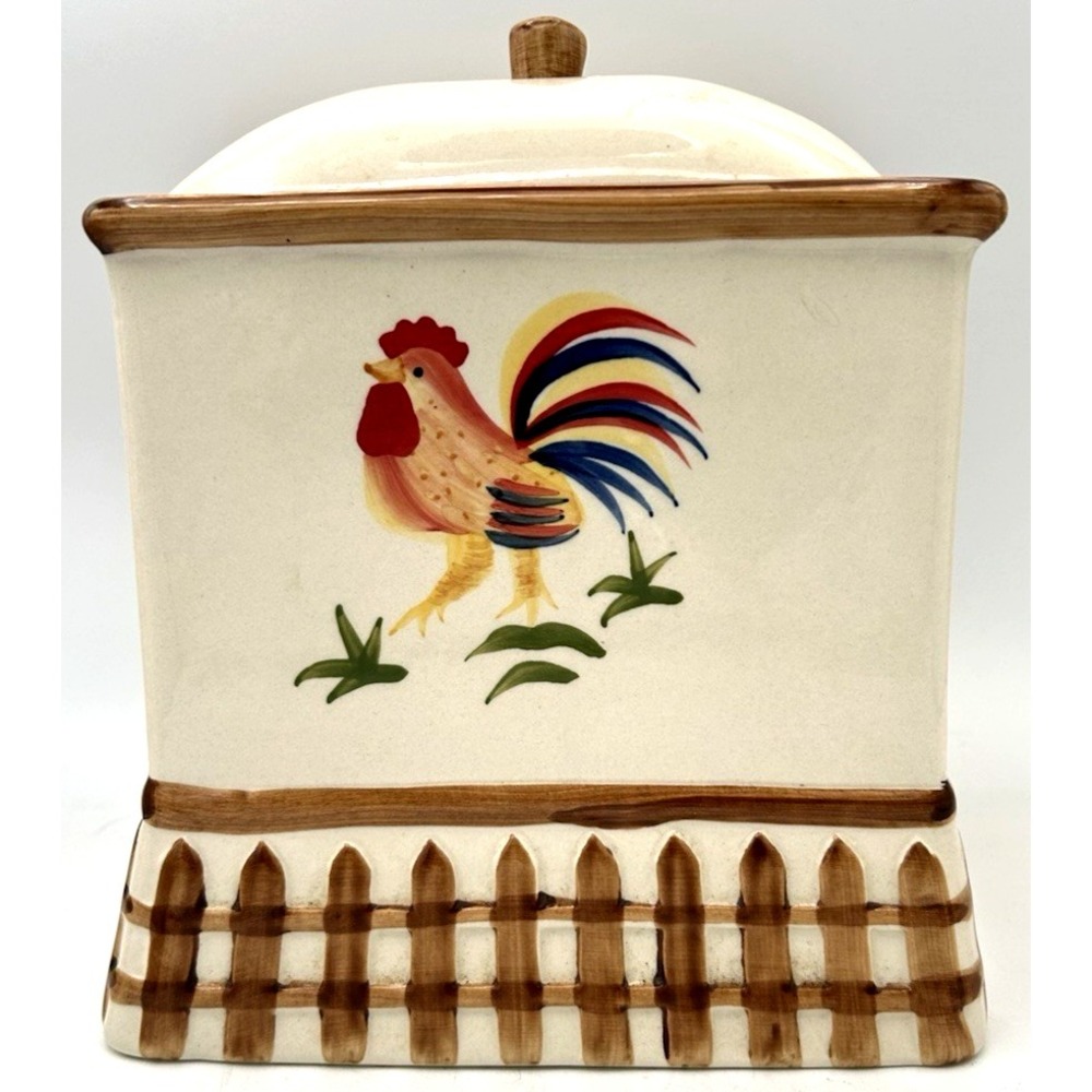 VTG Rooster Cookie‎ Jar Canister with brown picket fence by Alco Industries